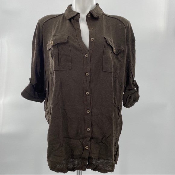 Free People NWT We the Free Penelope Buttondown Raw Trim Pockets Green Brown New - Picture 2 of 8